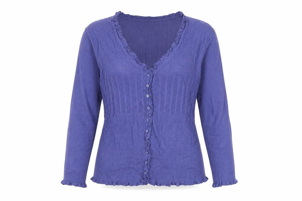 M&Co Women’s Blue L Cable Knit Ruffle V-Neck Cardigan