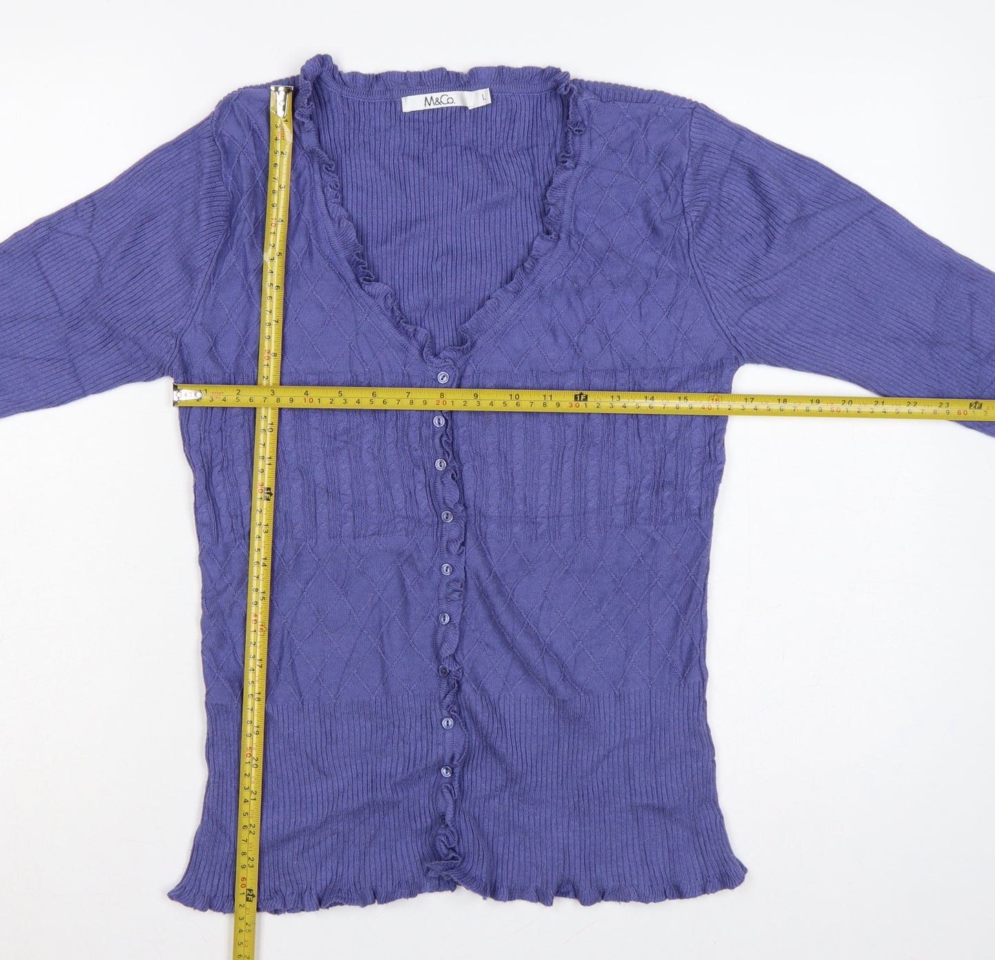 M&Co. Women’s Blue L Cable Knit Ruffle V-Neck Cardigan