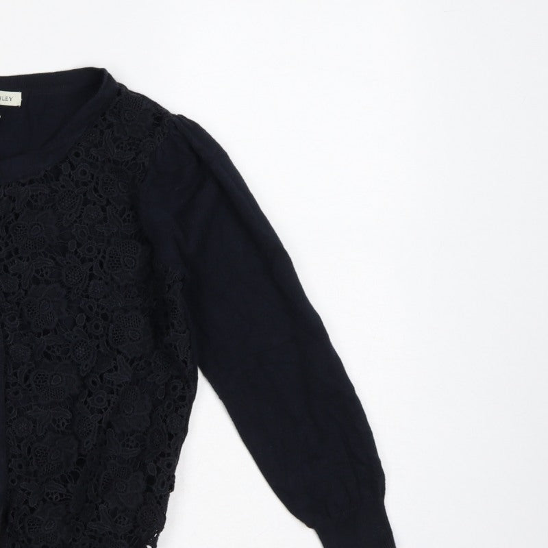 Laura Ashley Women Black UK 10 Floral Lace Knit Cardigan
