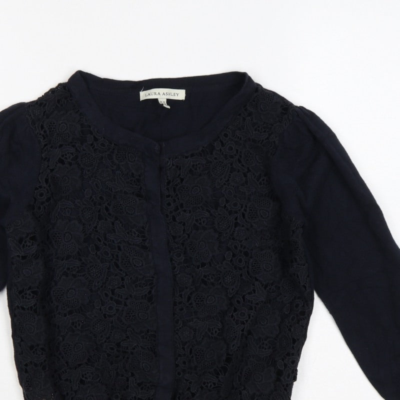 Laura Ashley Women Black UK 10 Floral Lace Knit Cardigan