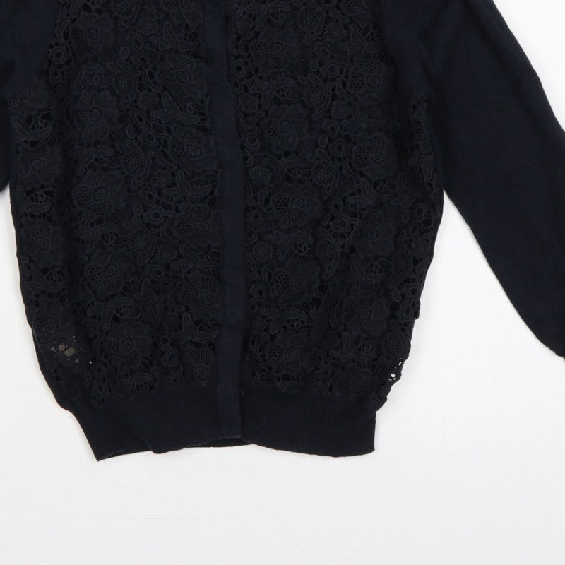 Laura Ashley Women Black UK 10 Floral Lace Knit Cardigan