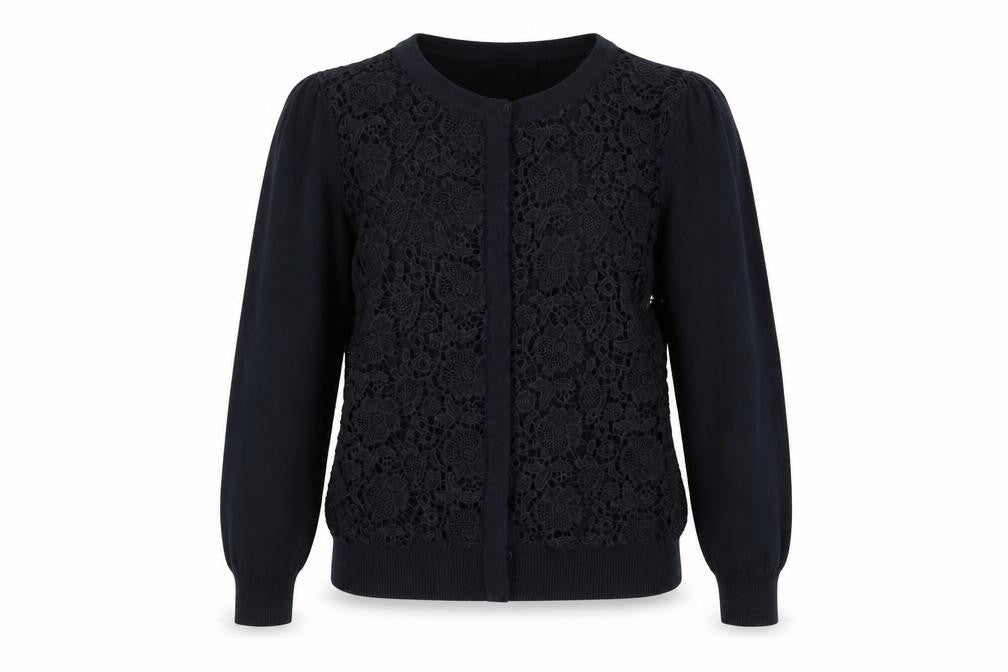 Laura Ashley Women Black UK 10 Floral Lace Knit Cardigan