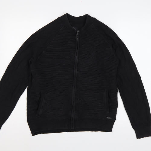 Threadbare Men's Black L Full Zip Mock Neck Knit Jumper Pockets