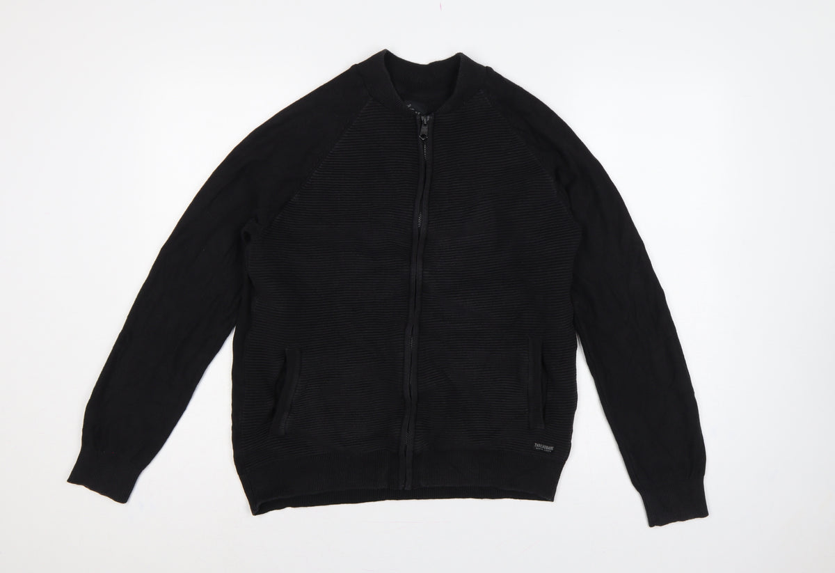 Threadbare Men's Black L Full Zip Mock Neck Knit Jumper Pockets