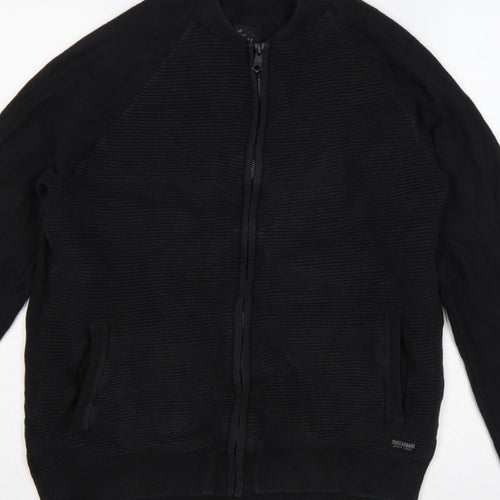 Threadbare Men's Black L Full Zip Mock Neck Knit Jumper Pockets