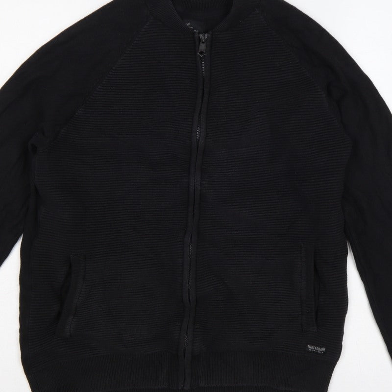 Threadbare Men's Black L Full Zip Mock Neck Knit Jumper Pockets