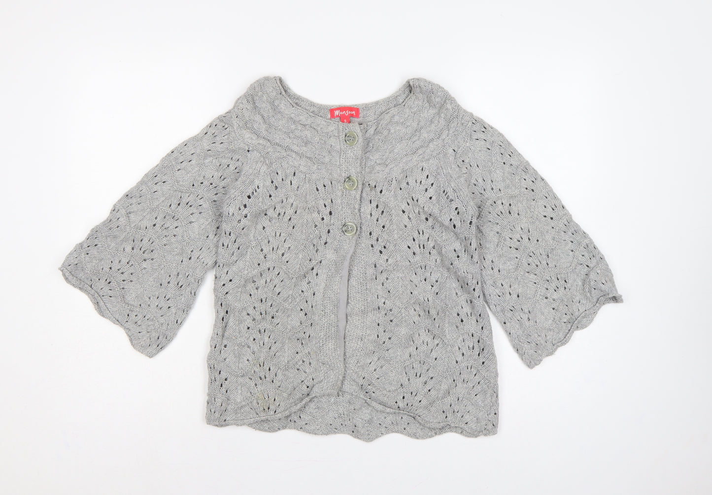 Monsoon Women Grey S Cable Knit Button Cardigan 3/4 Bell Sleeve