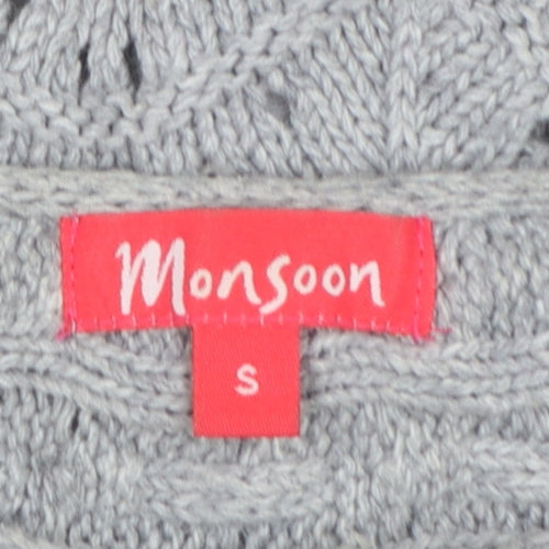 Monsoon Women Grey S Cable Knit Button Cardigan 3/4 Bell Sleeve