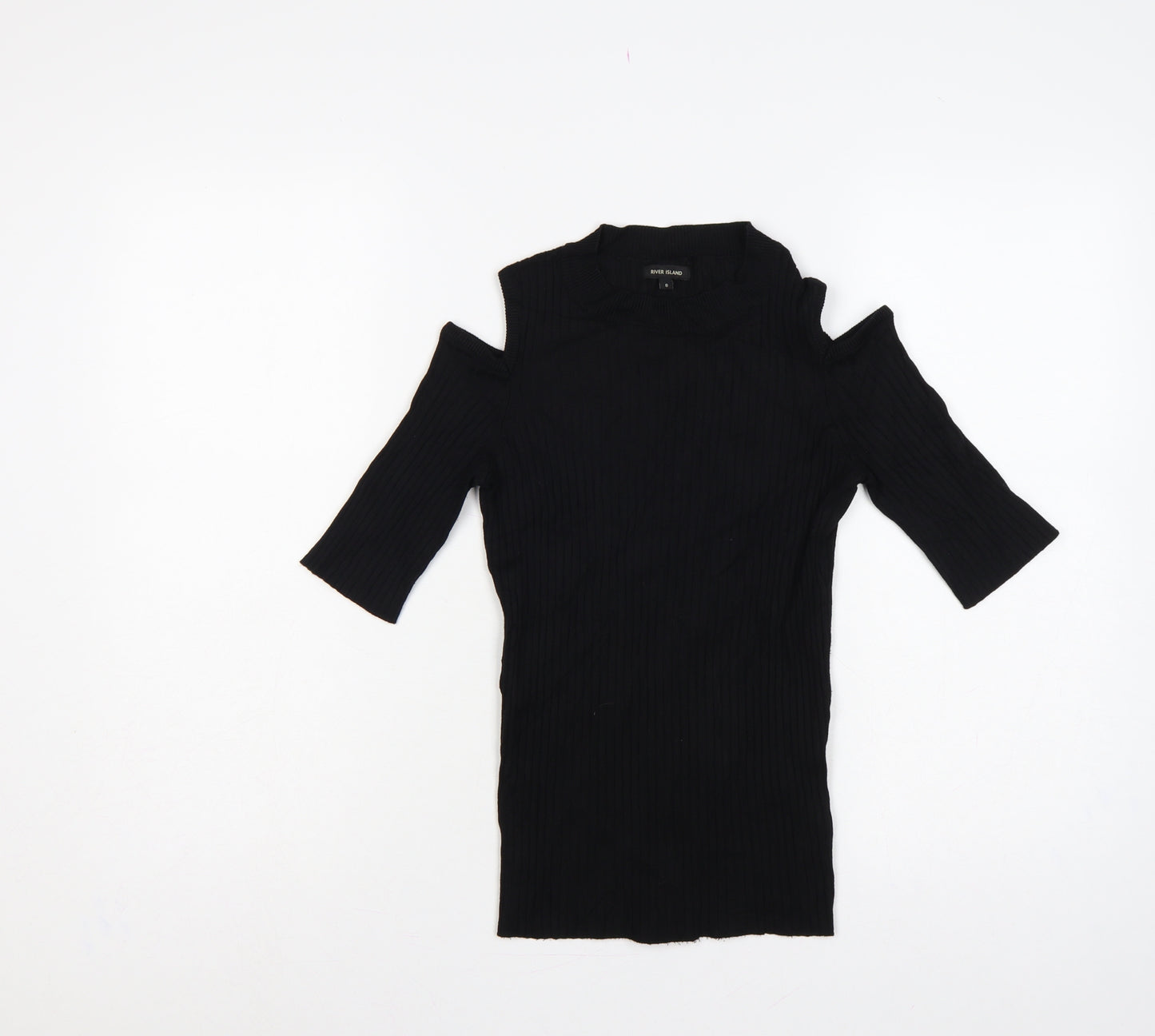 River Island Women Black UK 8 Cold Shoulder Rib Knit Tunic Jumper