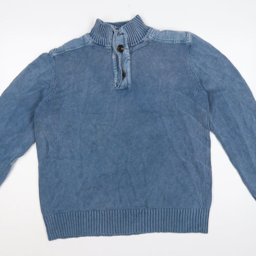 Fat Face Men Blue L Henley Knit Jumper High Neck Button Denim Trim