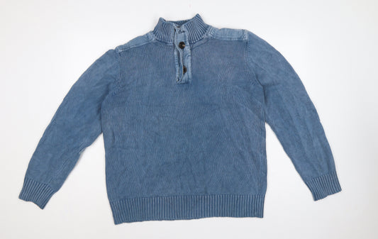 Fat Face Men Blue L Henley Knit Jumper High Neck Button Denim Trim
