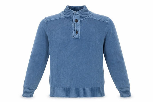 Fat Face Men Blue L Henley Knit Jumper High Neck Button Denim Trim