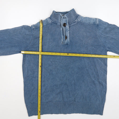 Fat Face Men Blue L Henley Knit Jumper High Neck Button Denim Trim