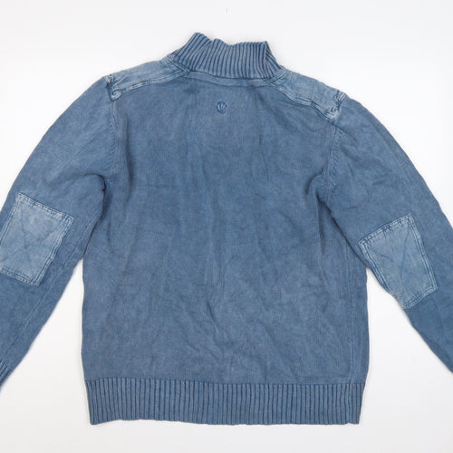 Fat Face Men Blue L Henley Knit Jumper High Neck Button Denim Trim