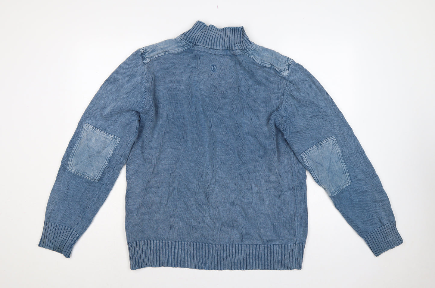 Fat Face Men Blue L Henley Knit Jumper High Neck Button Denim Trim