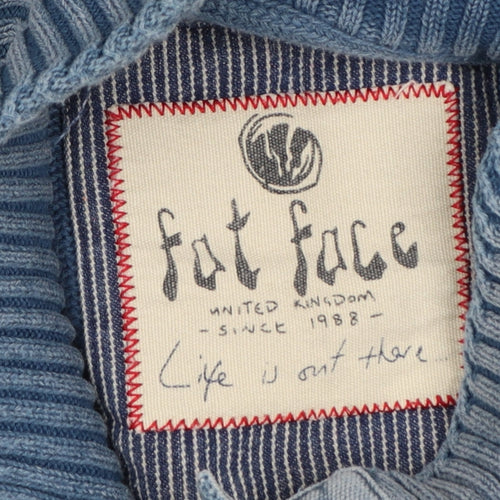 Fat Face Men Blue L Henley Knit Jumper High Neck Button Denim Trim