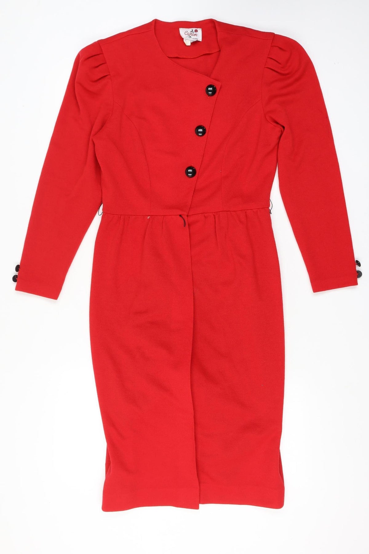 Back view of Caron Women Red, size 12, Vintage Knit Jacket Dress Button Front
