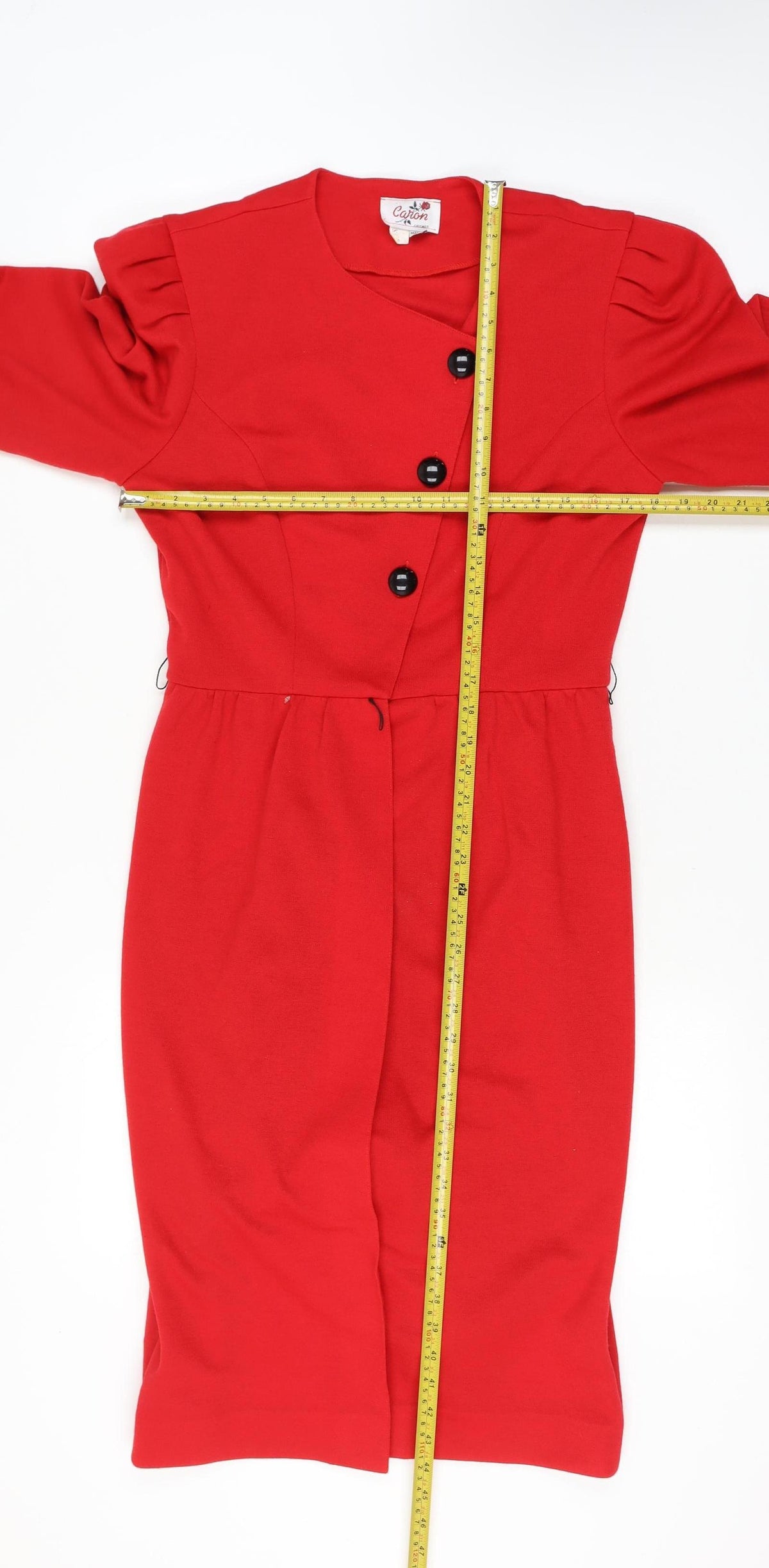 Close-up detail of Caron Women Red, size 12, Vintage Knit Jacket Dress Button Front
