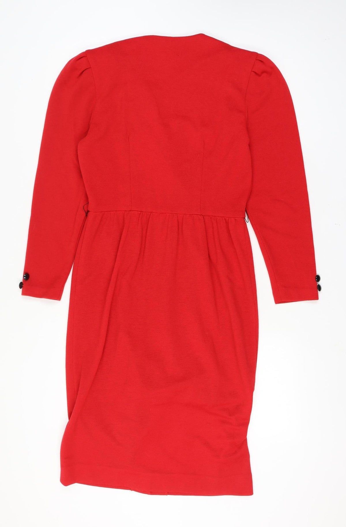 Brand and care label for Caron Women Red, size 12, Vintage Knit Jacket Dress Button Front