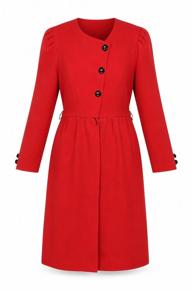 Front view of Caron Women Red, size 12, Vintage Knit Jacket Dress Button Front