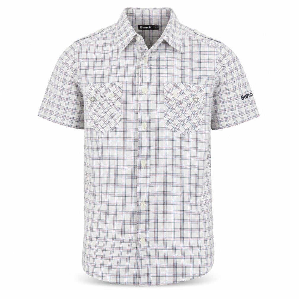 Front view of Bench Men’s White Check Short Sleeve Button-Up Shirt, size S, Casual