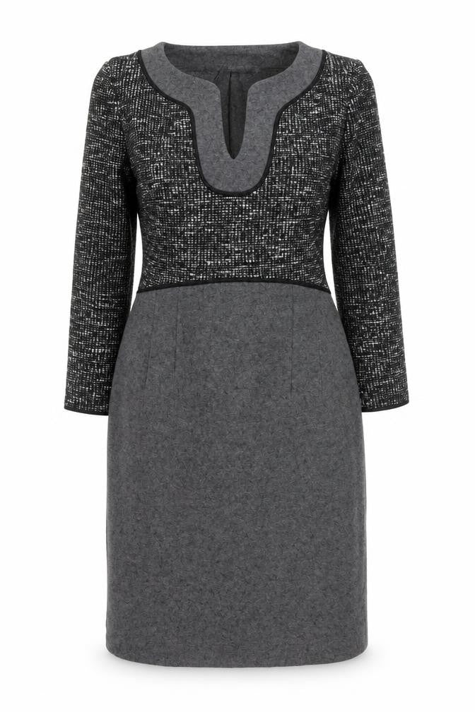 Front view of Jaeger Women Grey UK 10 Jacket Dress Tweed Knit Long Sleeve