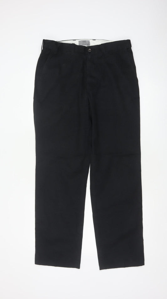 Marks and Spencer Men's Black 34 Regular Straight Cotton Trousers 34W 31L