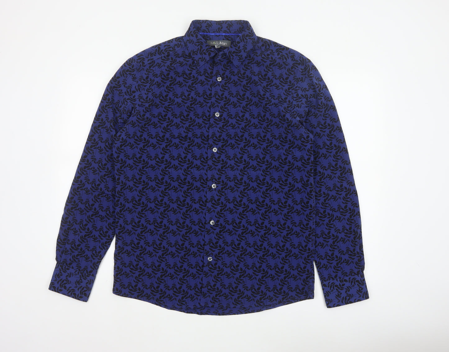 Marks and Spencer Men Blue Floral Button-Up Long Sleeve Shirt Size S