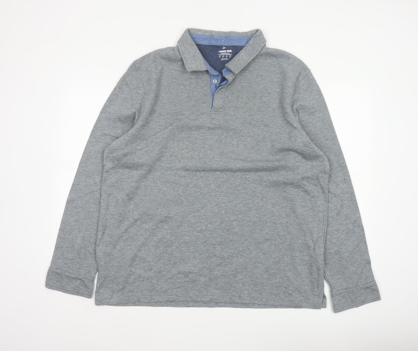 Lands' End Men's Grey XL Long Sleeve Cotton Blend Polo Traditional Fit
