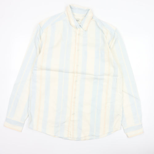 Zara Men Blue Striped Relaxed Fit Cotton Button-Up Shirt M Long Sleeve