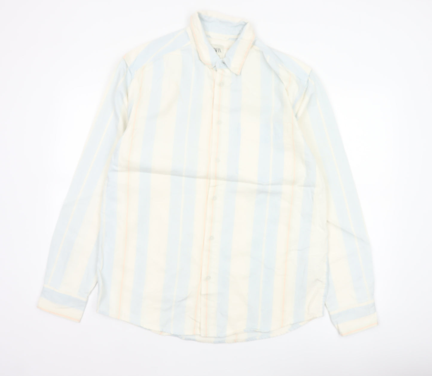 Zara Men Blue Striped Relaxed Fit Cotton Button-Up Shirt M Long Sleeve