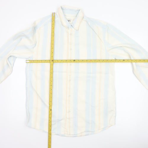 Zara Men Blue Striped Relaxed Fit Cotton Button-Up Shirt M Long Sleeve