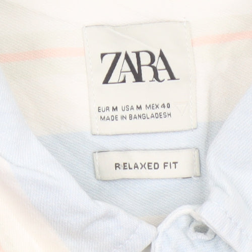 Zara Men Blue Striped Relaxed Fit Cotton Button-Up Shirt M Long Sleeve
