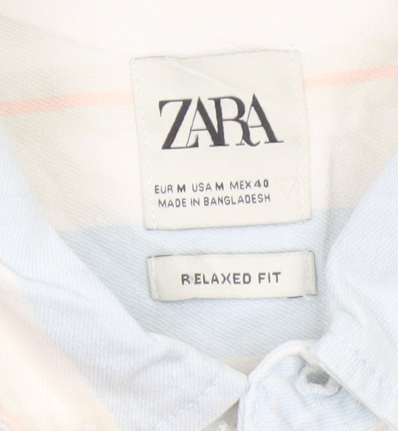Zara Men Blue Striped Relaxed Fit Cotton Button-Up Shirt M Long Sleeve