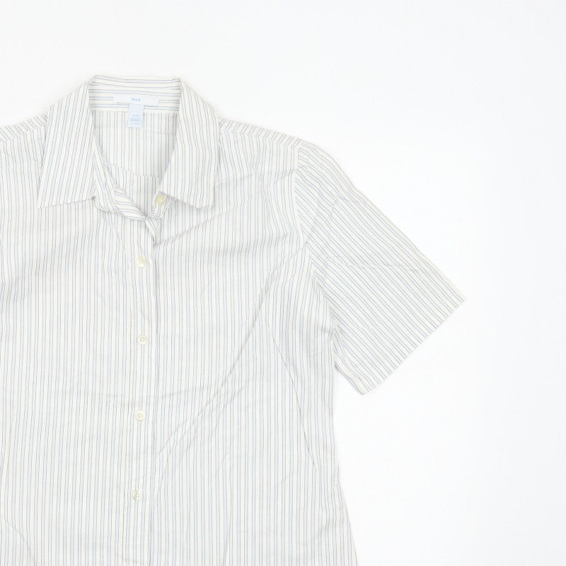Gap Women White Striped M Button-Up 3/4 Sleeve Shirt