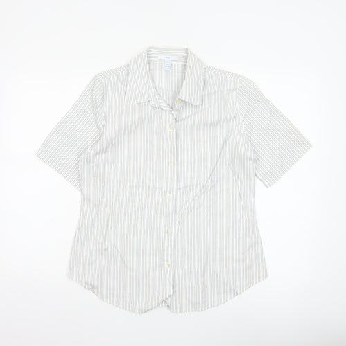 Gap Women White Striped M Button-Up 3/4 Sleeve Shirt
