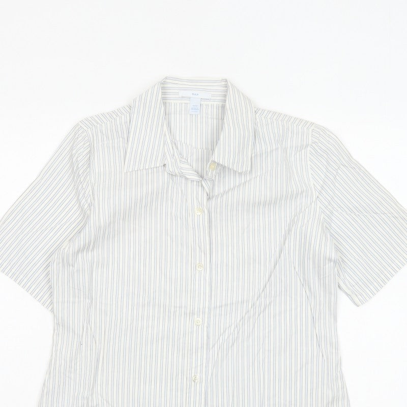 Gap Women White Striped M Button-Up 3/4 Sleeve Shirt