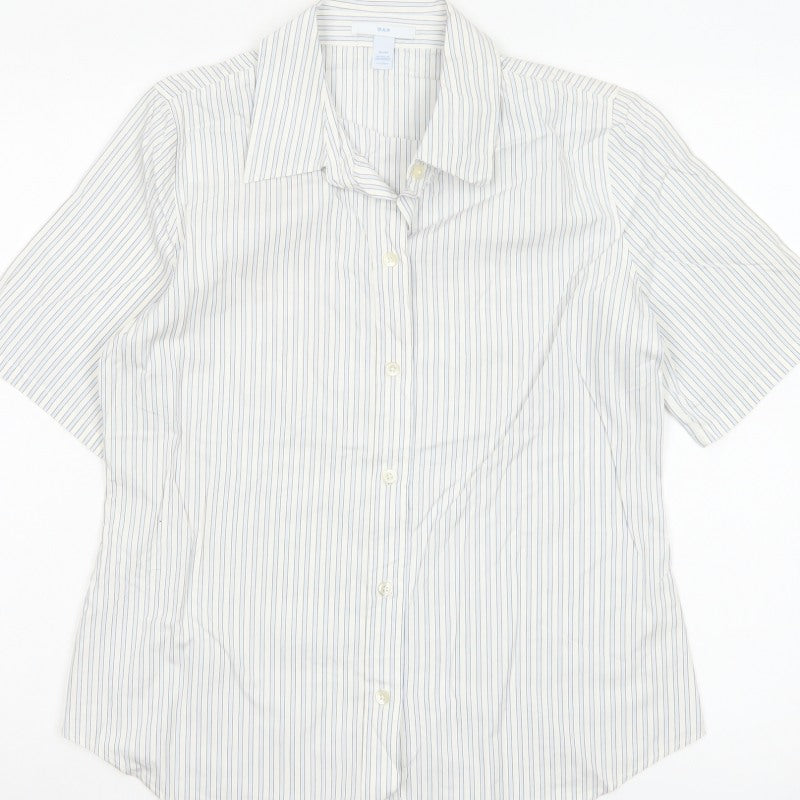 Gap Women White Striped M Button-Up 3/4 Sleeve Shirt