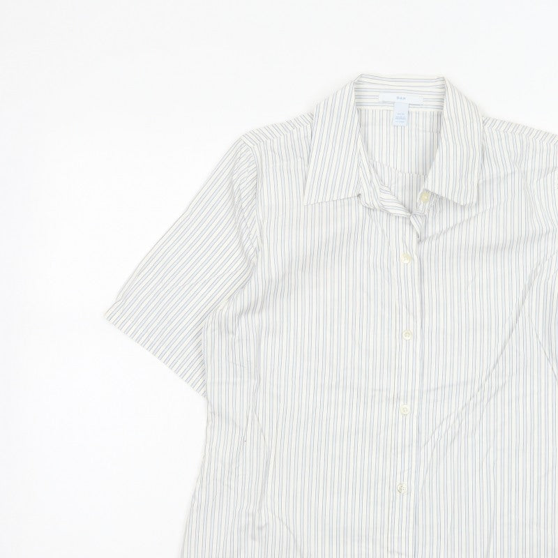 Gap Women White Striped M Button-Up 3/4 Sleeve Shirt