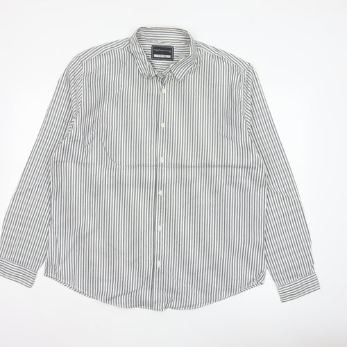 Red Herring Men’s Grey White Striped Cotton Button-Up Shirt XL