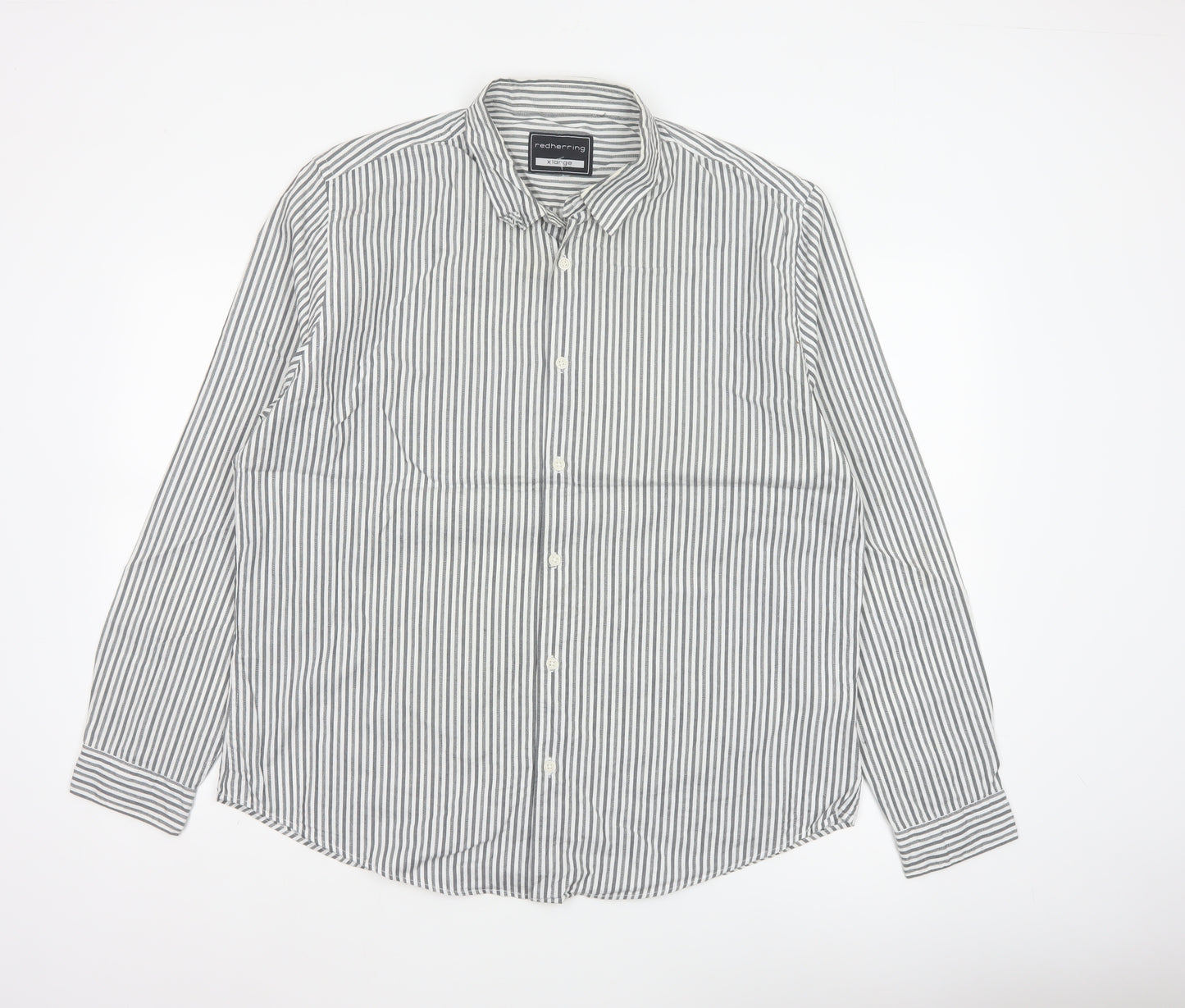 Red Herring Men’s Grey White Striped Cotton Button-Up Shirt XL