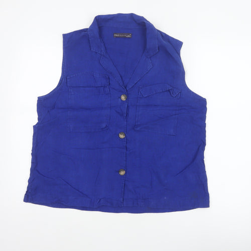 Marks & Spencer Women Blue UK 14 Linen Sleeveless Button-Up Blouse