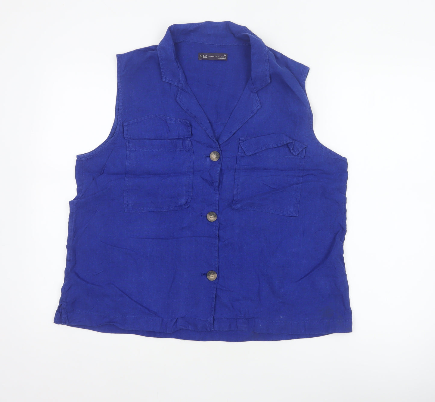Marks & Spencer Women Blue UK 14 Linen Sleeveless Button-Up Blouse