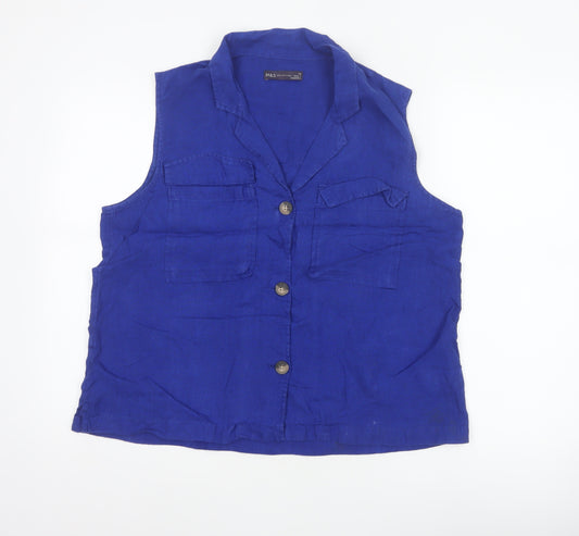 Marks & Spencer Women Blue UK 14 Linen Sleeveless Button-Up Blouse