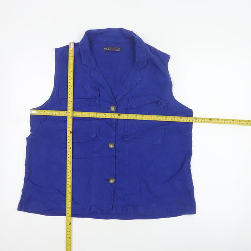 Marks & Spencer Women Blue UK 14 Linen Sleeveless Button-Up Blouse