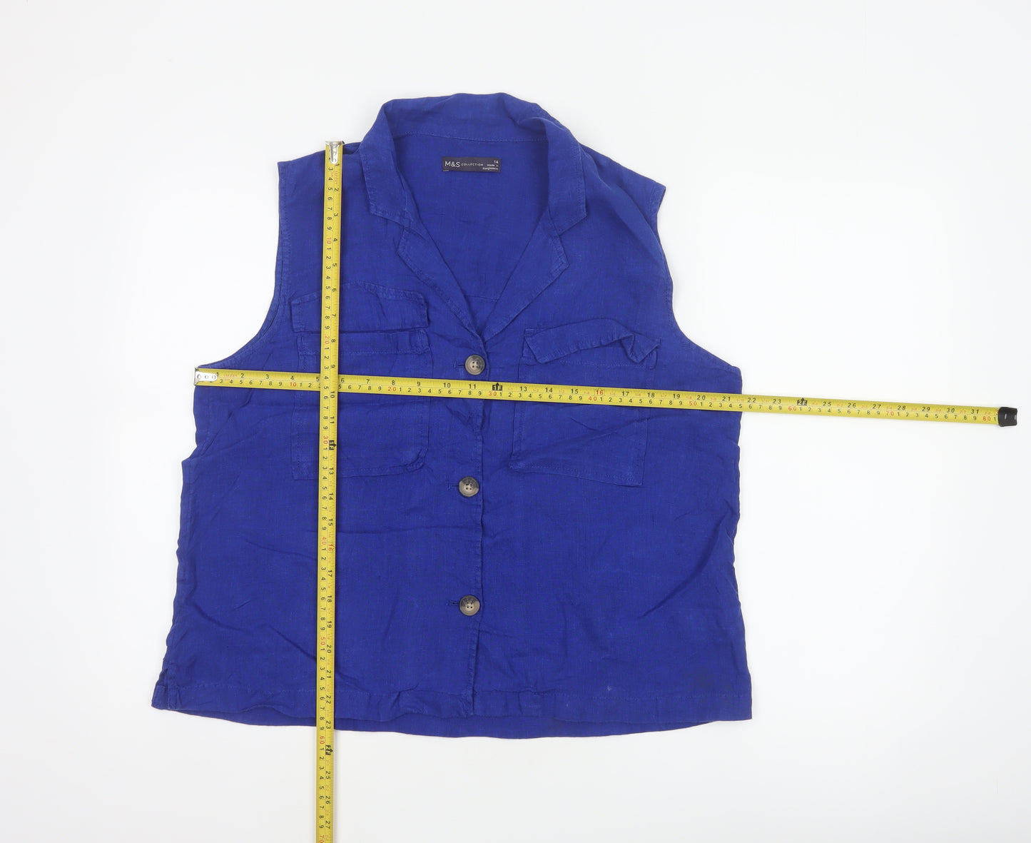 Marks & Spencer Women Blue UK 14 Linen Sleeveless Button-Up Blouse
