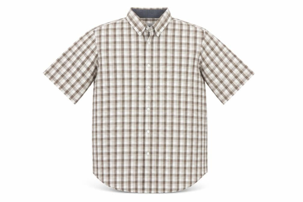 Front view of Marks & Spencer Men Beige Check Short Sleeve Button-Down Shirt L