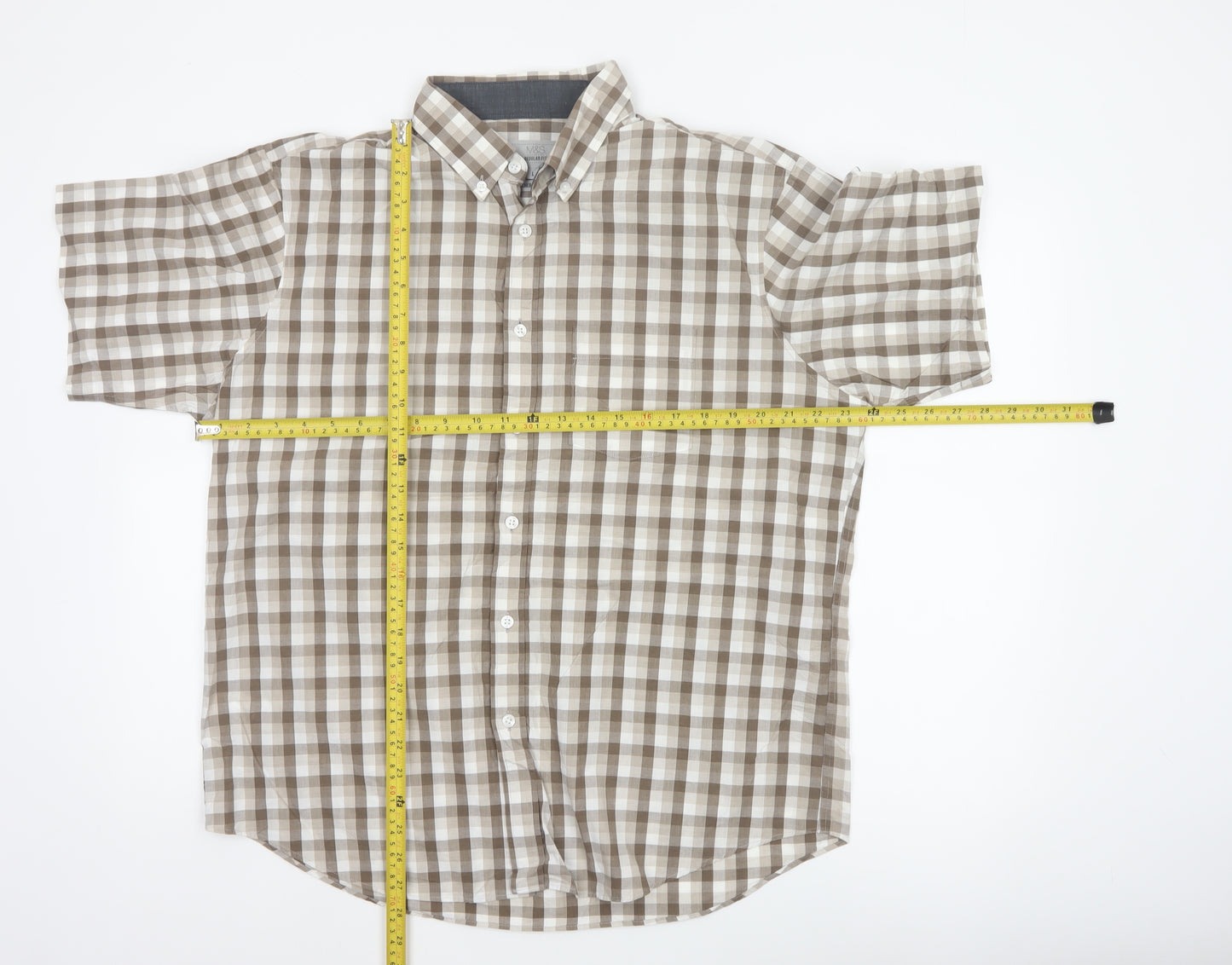 Marks and Spencer Men Beige Check Short Sleeve Button-Down Shirt L