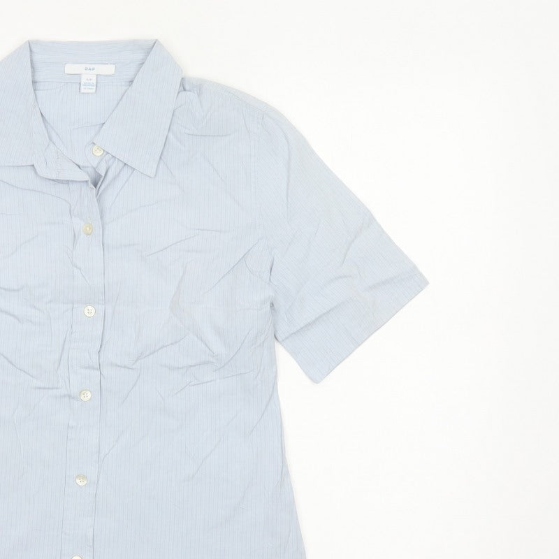 GAP Women Blue Striped S Short Sleeve Collared Button-Up Shirt