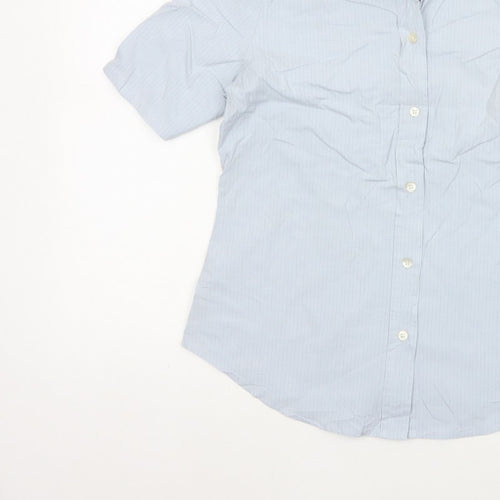 GAP Women Blue Striped S Short Sleeve Collared Button-Up Shirt